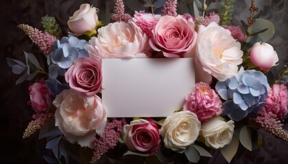 Beautiful bouquet of roses peonies and hydrangeas with a blank greeting card in the center