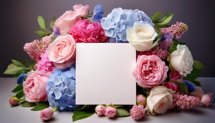 Blank Square greeting card with a beautiful bouquet of roses, peonies, and hydrangeas