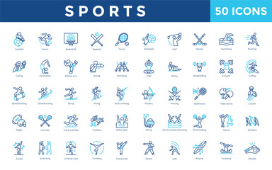 Sports icon set with sailing, equestrian, motorsports, formula 1, opening, ceremony, trophy, podium, gold medal, silver medal , bronze medal icon. Simple outline color vector 
