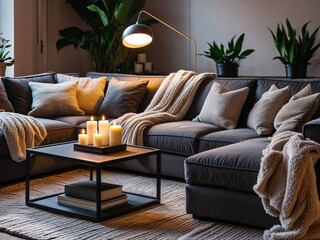 Cozy living room interior with comfortable furniture, warm lighting and decorative elements