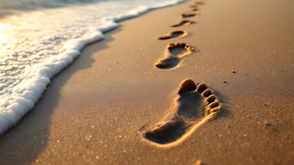 Footprints in the Sand Leading to Ocean Waves at Sunset – Serene Beach Scene, Travel, Journey, Nature, Tranquility, Vacation, Reflection, Solitude, Time Passing, Memories, Relaxation, Freedom