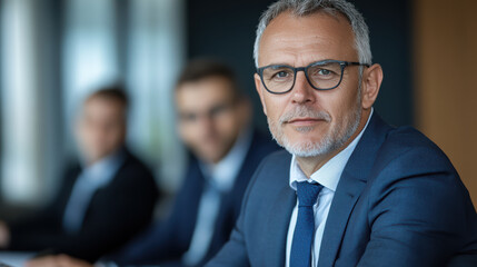 Professional man in suit with glasses, exuding confidence in corporate setting