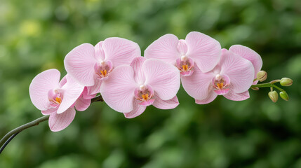 Obraz premium Delicate pink orchids bloom gracefully, showcasing their beauty against lush green backdrop