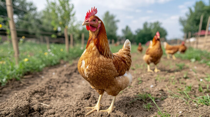 Fototapeta premium Chickens roam freely in lush, green field, showcasing vibrant ecosystem