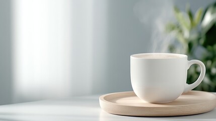 Fototapeta premium Aromatic coffee in a white mug on a light wooden tray. Soft natural light illuminates the scene