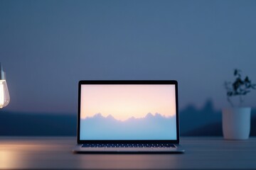 Fototapeta premium open laptop on wooden desk glowing screen in dark room symbolizing knowledge inviting exploration presenting essence