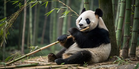 Obraz premium Majestic Giant Panda Enjoying a Bamboo Lunch in its Natural Habitat AI Generative