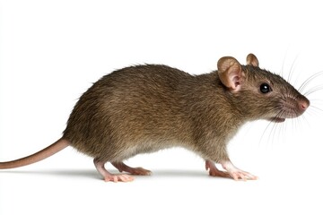 Isolated Brown Rat Standing on White Background Looking to the Right