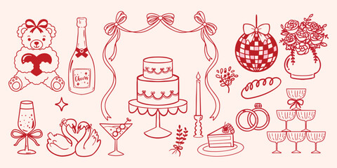 Cute coquette ribbon sweet beverage wedding hand drawn element