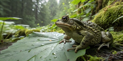 Obraz premium Green amphibian eyes macro close-up on wet leaf AI Generative