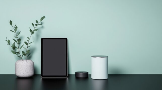 review setup featuring tablet and smart accessories placed on matte black desk positioned in front of light green chroma