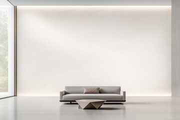 minimalist living room arrangement features sleek modern sofa with single decorative cushion placed centrally geometric