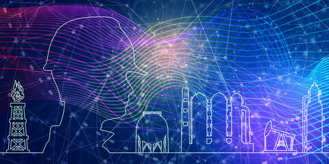 Obraz premium Industrial worker silhouette featuring oil and gas infrastructure icons. Project management, engineering and safety inspection. Background copy space.