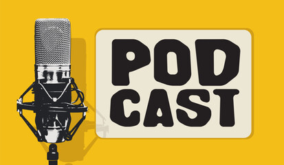 Fototapeta premium Vector internet banner for podcast or internet radio with retro microphone and lettering on yellow background. Suitable for advertising, poster, logo