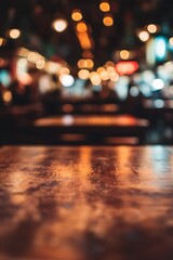 A wooden table reflects ambient lighting in a restaurant setting