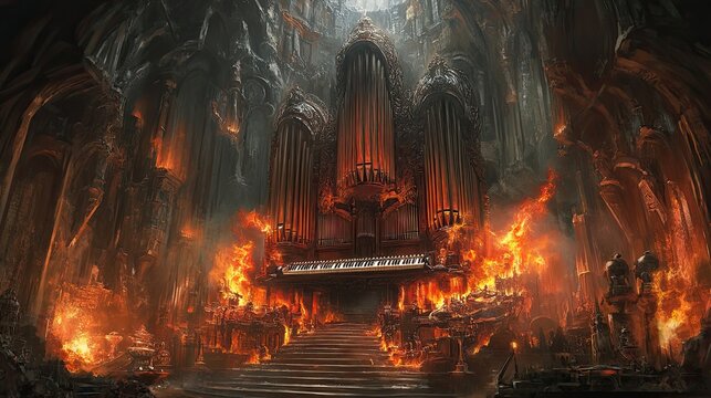 A gothic grand organ burning in a hellish landscape is shown