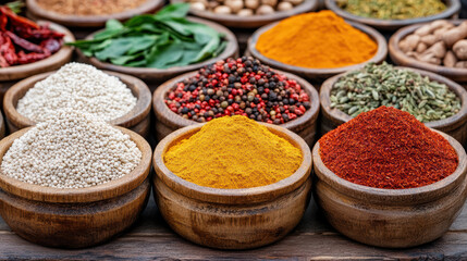 Fototapeta premium vibrant market stall filled with colorful spice bowls, showcasing variety of textures and aromas