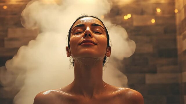 A young woman in a steam chamber with aromas of herbs. revitalizing and purifying spa treatment 