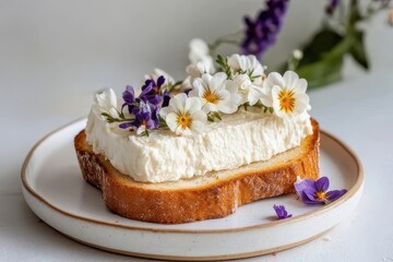Delicious Cream Cheese Spread on Toast with Edible Flowers and Fresh Herbs Decoration