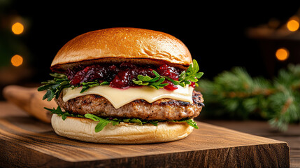 delicious turkey burger topped with cranberry relish and fresh greens, perfect for festive meals