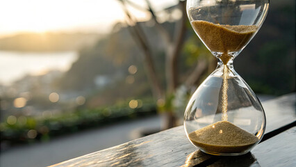 Close-up of an hourglass with golden sand flowing on a sleek black surface, symbolizing the passage of time and the importance of managing moments effectively.