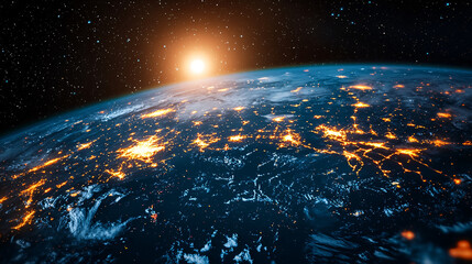 A vibrant view of Earth from space, illuminated by the sun against a starry backdrop.