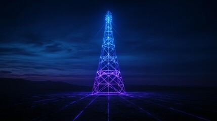 Futuristic communication tower at night, glowing with purple and blue light against a dark sky and mountain landscape.
