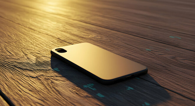 Elegant Black Smartphone Case On Wooden Table With Sunlight