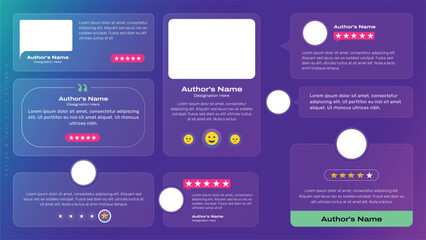 Testimonial satisfaction concept, stars rating Emotional feedback design. Creative testimonials template with different transparency shapes. Vector illustration.