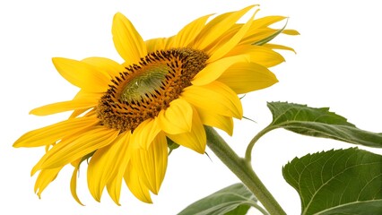 Naklejka premium Bright Yellow Sunflower with a Large Center, Isolated on a White Background, radiating warmth and happiness, Clean and Modern Botanical Stock Photo