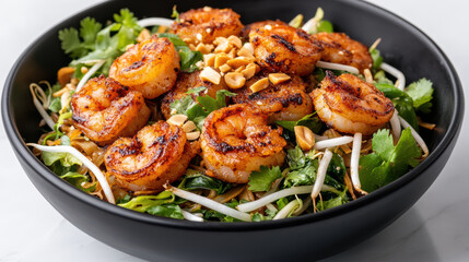 Fototapeta premium Delicious shrimp salad with fresh greens, topped with peanuts and herbs, perfect for healthy