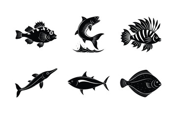 Obraz premium Set of marine fish silhouette vector illustration