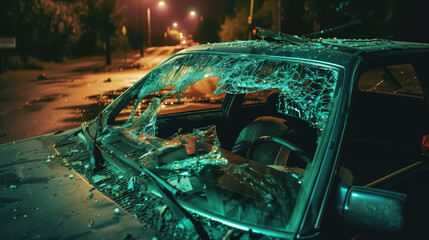 Damaged car with shattered windshield and scratched paint parked on a quiet street, depicting vehicle accident aftermath and insurance claim scenarios.