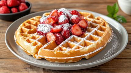 Delicious Belgian waffle topped with fresh strawberries and powdered sugar, perfect for