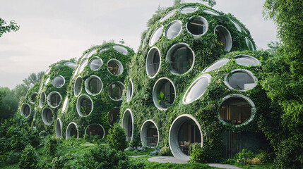 Futuristic buildings covered with greenery and circular windows.