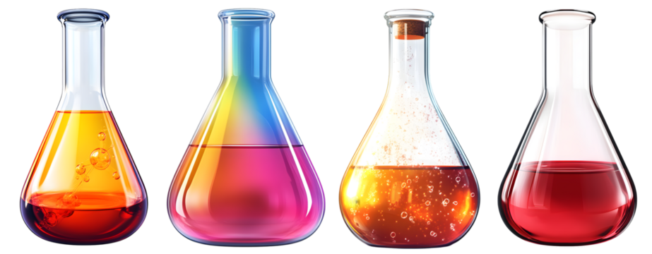 Set of colorful chemical beakers and flasks with vibrant liquids on transparent background