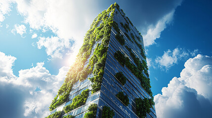Modern building covered in greenery against a bright blue sky with clouds.