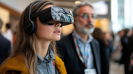 Woman using virtual reality headset at an event.