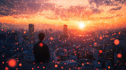 A person gazes at a sunset over a city, surrounded by abstract connections.