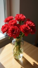 Elegant red carnations in a vase on a wooden table with natural sunlight, creating a serene and classic floral composition.