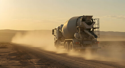 Concrete Mixer Truck Driving On Dusty Road At Sunset