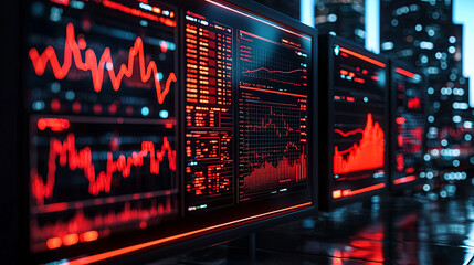 Digital screens displaying stock market data and charts in a futuristic setting.