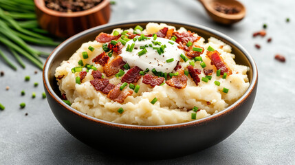 Creamy mashed potatoes topped with crispy bacon and fresh chives create delicious comfort dish