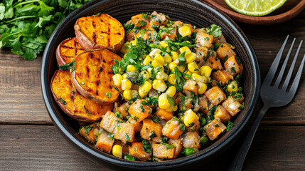Delicious sweet potato salad with grilled corn and fresh herbs, perfect for healthy meal