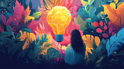 A woman gazes at a glowing light bulb amidst vibrant foliage.