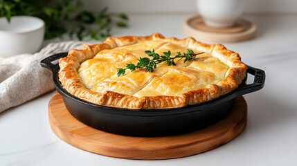savory pie with flaky crust, baked in cast iron skillet, garnished with fresh herbs