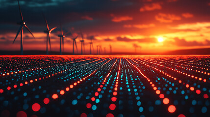 Vibrant sunset over wind turbines with illuminated ground below.