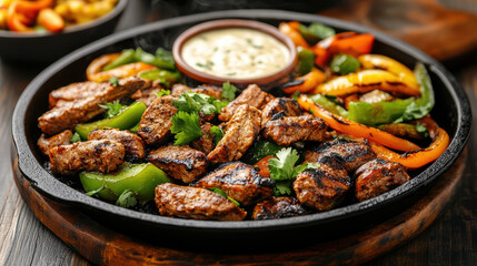 Fototapeta premium Sizzling fajita dish with grilled meat, colorful peppers, and creamy dip, perfect for sharing