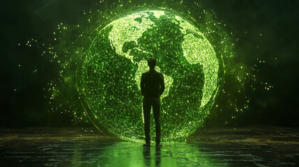 A person stands before a glowing, abstract representation of Earth.