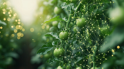Green fruits intertwined with delicate branches in a lush garden setting.